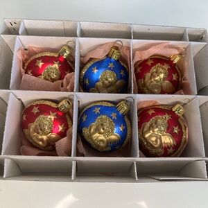 Vintage Cherub Glass Christmas Ornaments Set of 6 Blue And Red 2”